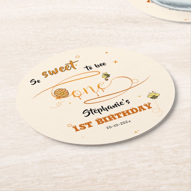 So Sweet To Bee One Cute Honey Bee 1st Birthday Round Paper Coaster (Angled)