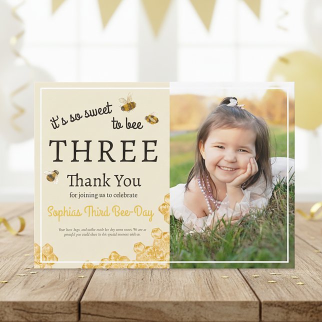 So Sweet To Bee Three 3rd Birthday Honey Bee Photo Thank You Card (Creator Uploaded)