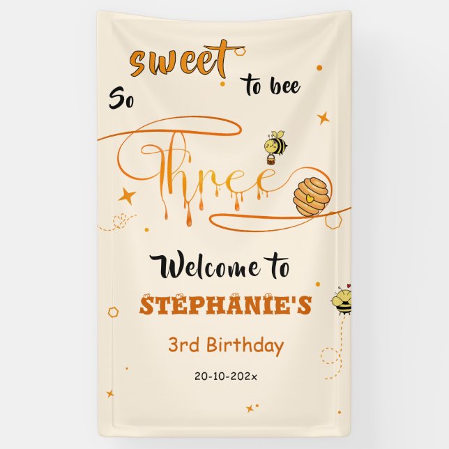 So Sweet To Bee Three Cute Honey Bee 3rd Birthday Banner (Vertical)