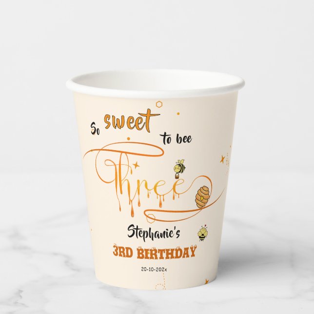 So Sweet To Bee Three Cute Honey Bee 3rd Birthday Paper Cups (Front)