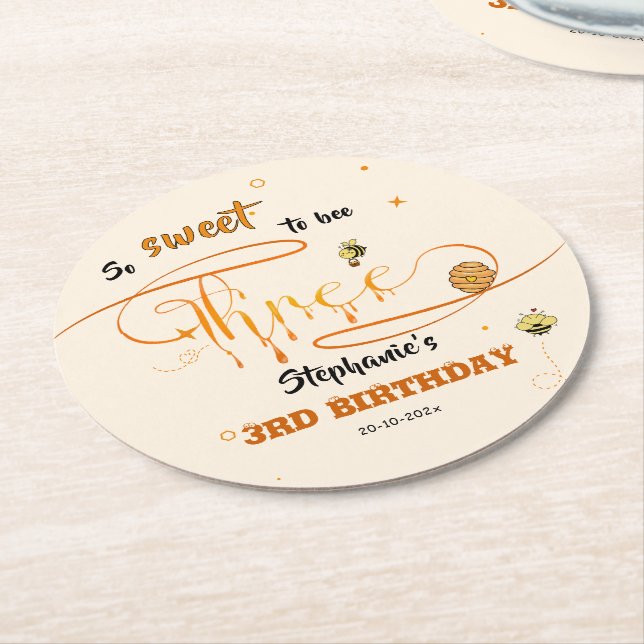 So Sweet To Bee Three Cute Honey Bee 3rd Birthday Round Paper Coaster (Angled)