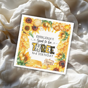 So sweet to bee three floral 3rd birthday  napkin