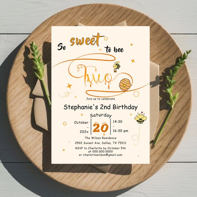 So Sweet To Bee Two Cute Honey Bee 2nd Birthday Invitation (Creator Uploaded)