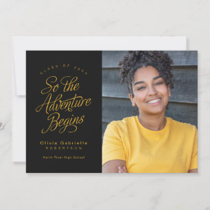 So The Adventure Begins Black Yellow Graduation Announcement
