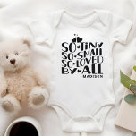 So Tiny Small Loved By All Baby Newborn Name Baby  Baby Bodysuit<br><div class="desc">So Tiny Small Loved By All Baby Newborn Typography Name Bodysuits and One-Pieces features the text "So Tiny So Small So Loved By All" in modern black script accented with love hearts. Personalise by editing the text in the text box provided. Designed by ©Evco Studio www.zazzle.com/store/evcostudio</div>