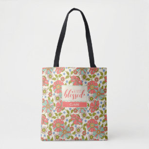 So Very Blessed 70s Floral Pink & Aqua Tote Bag