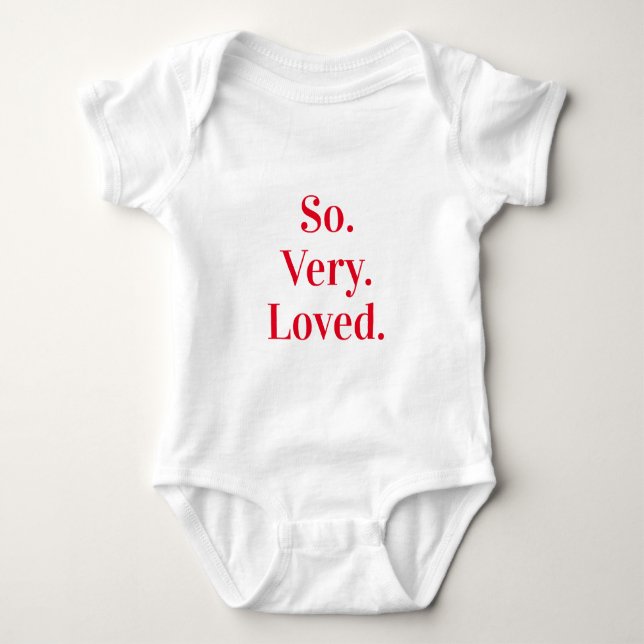 SO VERY LOVED plain serif modern lowercase red Baby Bodysuit (Front)