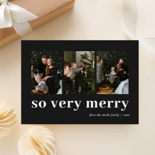 So Very Merry Black Modern 3 Photo Collage Holiday Card