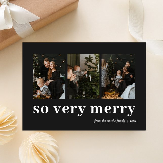 So Very Merry Black Modern 3 Photo Collage Holiday Card (Creator Uploaded)