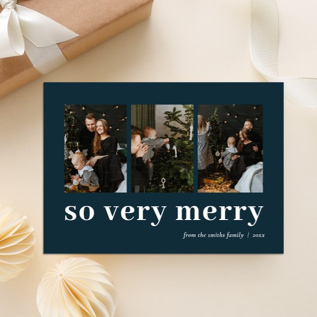 So Very Merry Blue Modern 3 Photo Collage Holiday Card (Creator Uploaded)