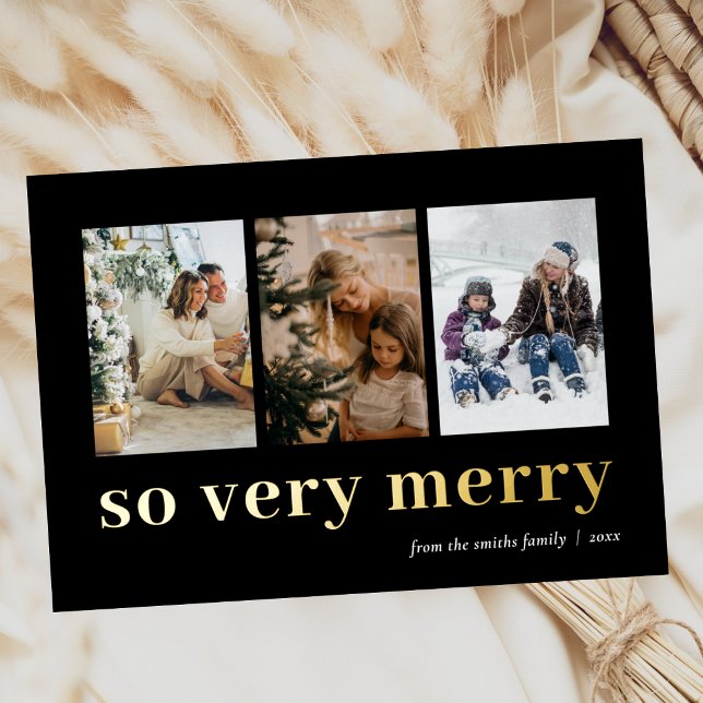 So Very Merry Gold Black Modern 3 Photo Collage (Creator Uploaded)