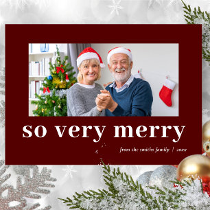 So Very Merry Red Modern Burgundy Family Photo Holiday Card