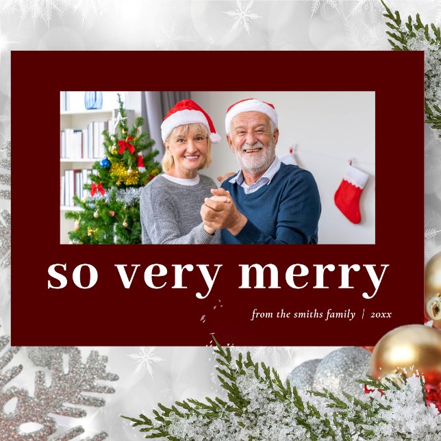 So Very Merry Red Modern Burgundy Family Photo Holiday Card (Creator Uploaded)