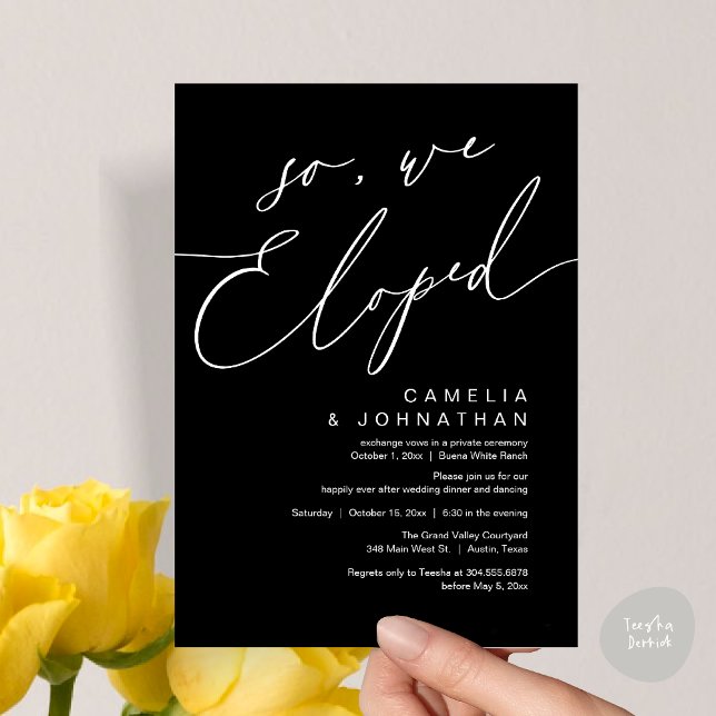 So, We Eloped Modern Romantic Wedding Dinner Party Invitation (So, We Eloped, Modern Romantic Wedding Dinner Brunch Lunch Party Invitation Card PDF Classy Black)