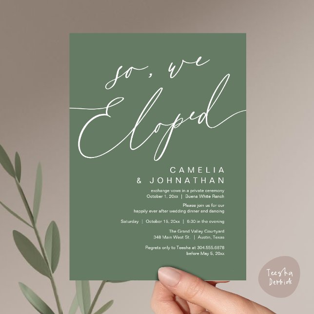 So, We Eloped Modern Romantic Wedding Dinner Party Invitation (So, We Eloped, Modern Romantic Wedding Dinner Brunch Lunch Party Invitation Card PDF Sage Green)