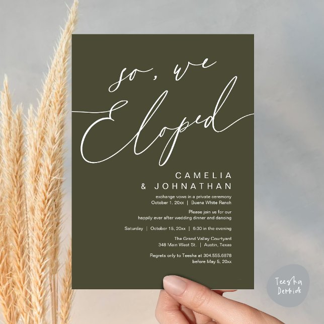 So, We Eloped Modern Romantic Wedding Dinner Party Invitation (So, We Eloped, Modern Romantic Wedding Dinner Brunch Lunch Party Invitation Card PDF Olive Green)