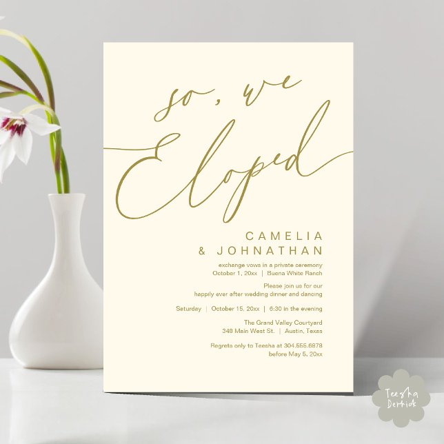So, We Eloped Modern Romantic Wedding Dinner Party Invitation (So, We Eloped, Modern Romantic Wedding Dinner Brunch Lunch Party Invitation Card PDF Yellow Gold)