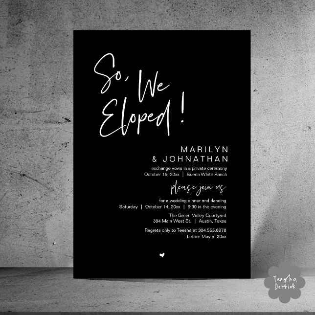 So, We Eloped, Modern Wedding Elopement Dinner Invitation (So, We Eloped, Modern Classy Wedding Elopement Dinner Party Invitation Card PDF Black White)