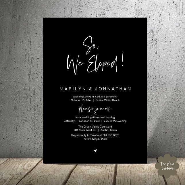 So, We Eloped, Modern Wedding Elopement Dinner Invitation (So, We Eloped, Modern Classy Wedding Elopement Dinner Party Invitation Card PDF Black White)