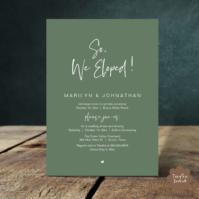 So, We Eloped, Modern Wedding Elopement Dinner Invitation (So, We Eloped, Modern Classy Wedding Elopement Dinner Party Invitation Card PDF Sage Green Greenery)