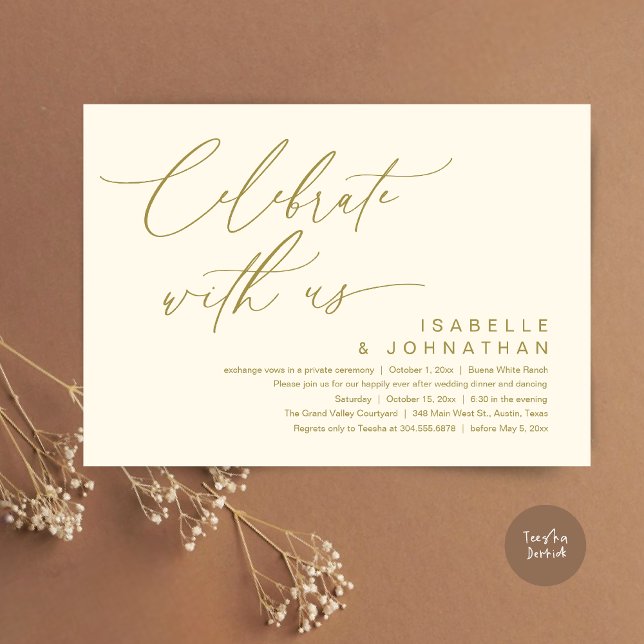 So, We Eloped, Romantic Wedding Dinner Party Invitation (Romantic Wedding Dinner Party, Celebrate with us Lunch Brunch Modern Invites Card  PDF Yellow Gold)