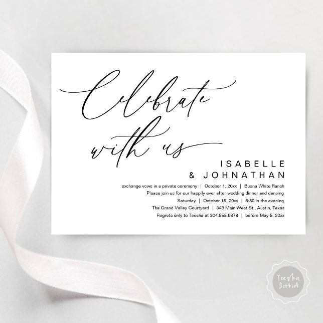 So, We Eloped, Romantic Wedding Dinner Party Invitation (Romantic Wedding Dinner Party, Celebrate with us Lunch Brunch Modern Invites Card  PDF White Black)