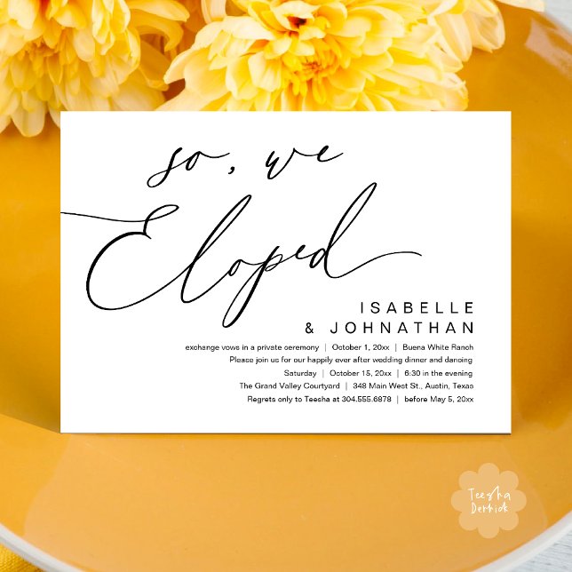 So, We Eloped, Romantic Wedding Dinner Party Invitation (So, We Eloped, Modern Romantic Wedding Dinner Brunch Lunch Party Invitation Card PDF Black White)