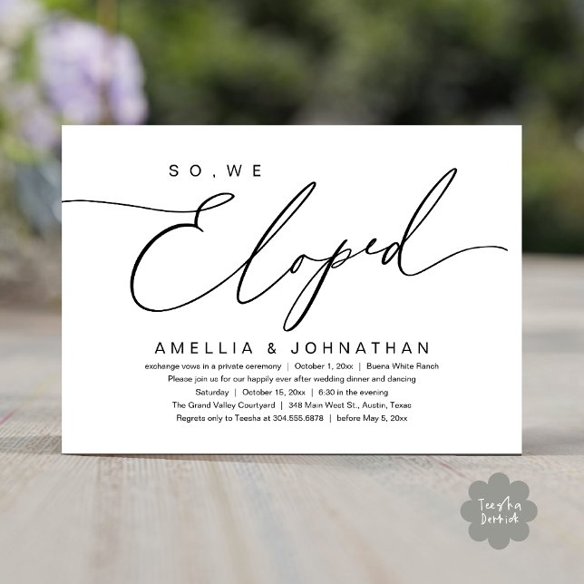 So, We Eloped, Romantic Wedding Elopement Party Invitation (So, We Eloped, Modern Romantic Wedding Dinner Brunch Lunch Party Invitation Card PDF Black White)