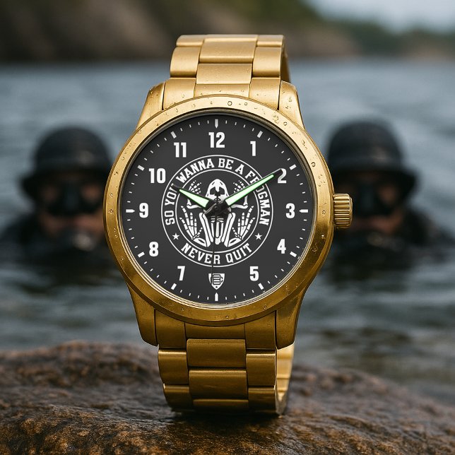 So You Wanna Be A Frogman "NEVER QUIT" Patch Gold Watch (Wanna Be A Frogman "NEVER QUIT" Gold Stainless Steel Watch)