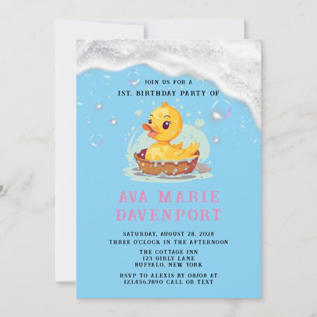 Soapy Yellow Rubber Duck Girl 1st. Birthday Party Invitation (Front)