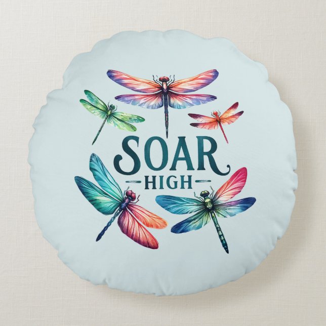 Soar High - Dragonfly Colourful Inspirational Round Cushion (Front)