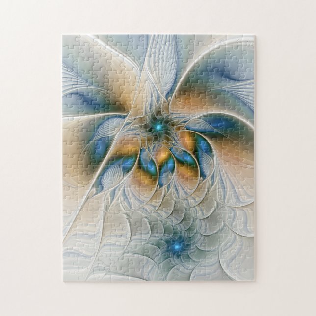 Soaring, Abstract Fantasy Fractal Art With Blue Jigsaw Puzzle (Vertical)