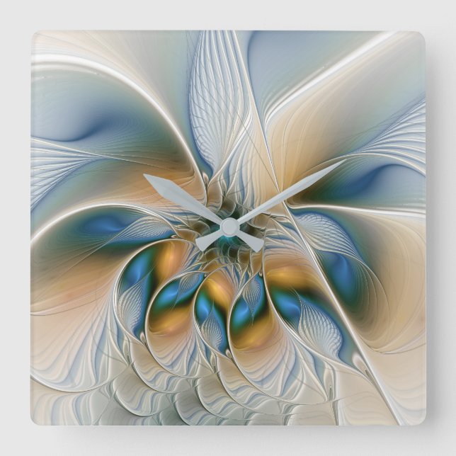 Soaring, Abstract Fantasy Fractal Art With Blue Square Wall Clock (Front)