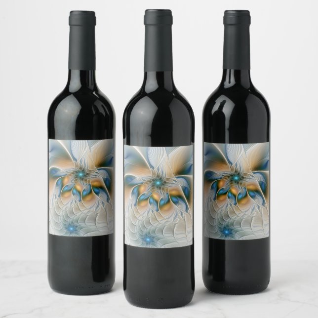Soaring, Abstract Fantasy Fractal Art With Blue Wine Label (Bottles)