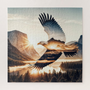 Soaring Bald Eagle Over Mountain Valley Lake Jigsaw Puzzle