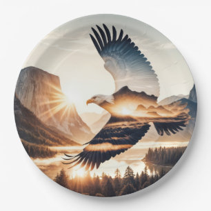 Soaring Bald Eagle Over Mountain Valley Lake Paper Plate