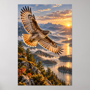 Soaring Hawk Over Mountain Lakes at Sunset Wildlif Poster