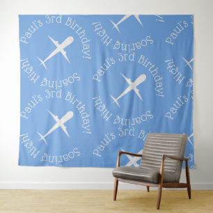 Soaring High, Custom Aeroplane Blue Kids Birthday Tapestry