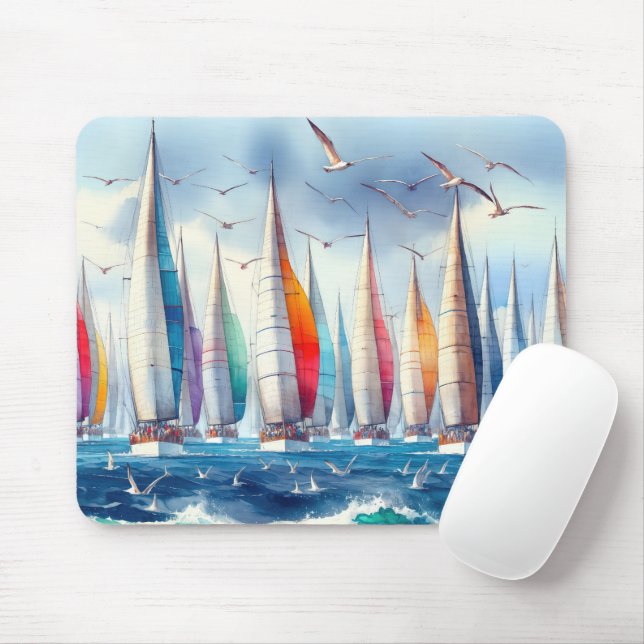 Soaring Seagulls With Sailboat Regatta Mouse Pad (With Mouse)