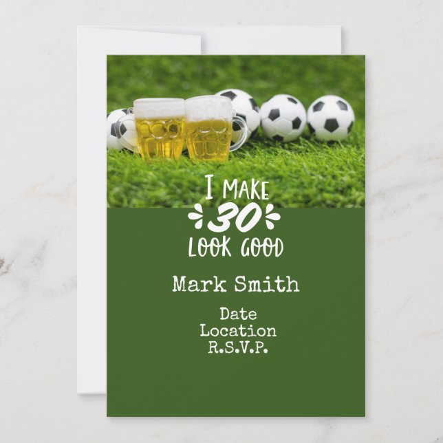 Soccer 30th Birthday card with balls on green  (Front)