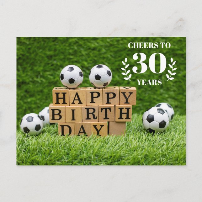 Soccer 30th Birthday card with balls on green  (Front)