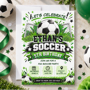 Soccer 5TH Birthday Fun Sports Theme Kids Party Invitation