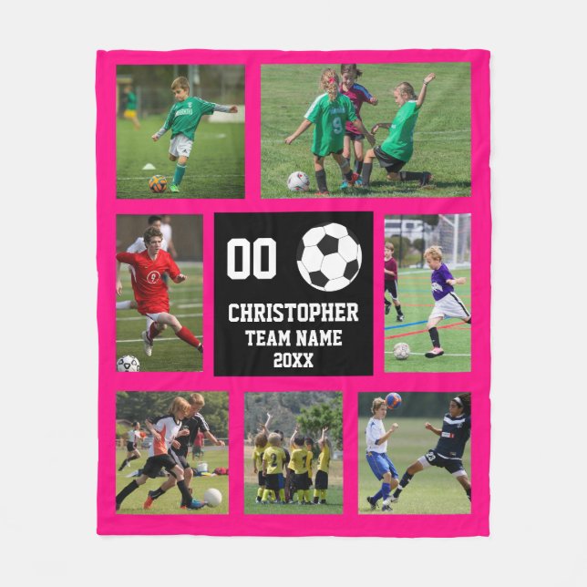 Soccer 7 Photo Collage Fuchsia Fleece Blanket (Front)