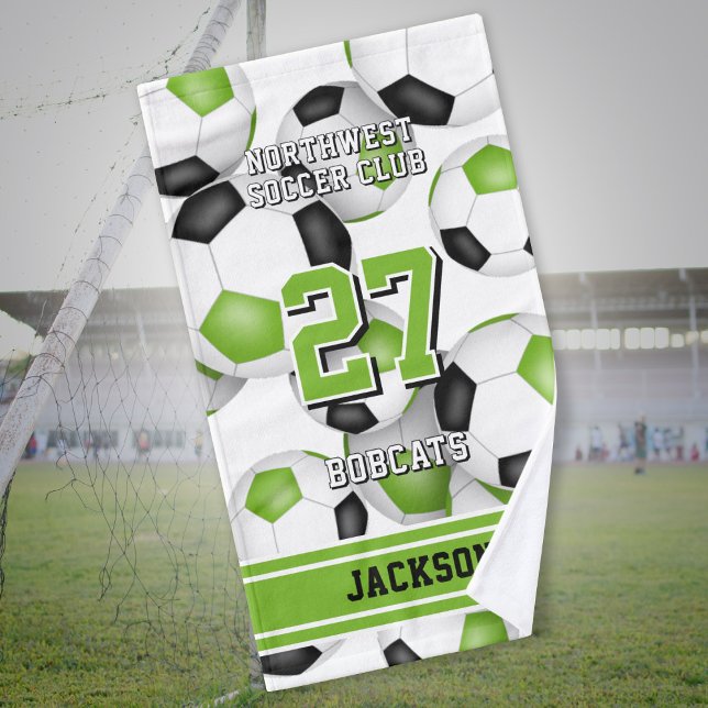 Soccer athlete and team name green black hand towel (Creator Uploaded)