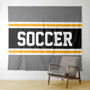 SOCCER Athletic Sporty Grey Black Yellow Stripes Tapestry