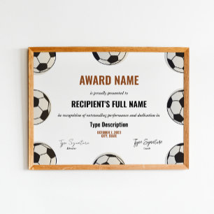 Soccer award certificate, best player recognition poster