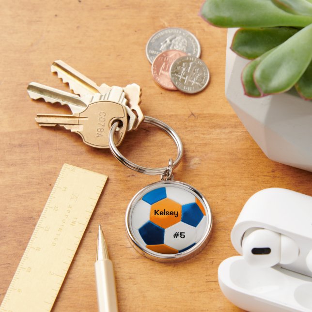 Soccer Ball Art, Blue and Orange Key Ring (Desk)