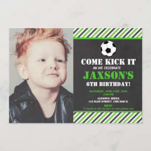 Soccer ball birthday party green black photo invitation