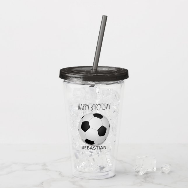 Soccer Ball Black White Custom Birthday Acrylic Tumbler (Back Ice)