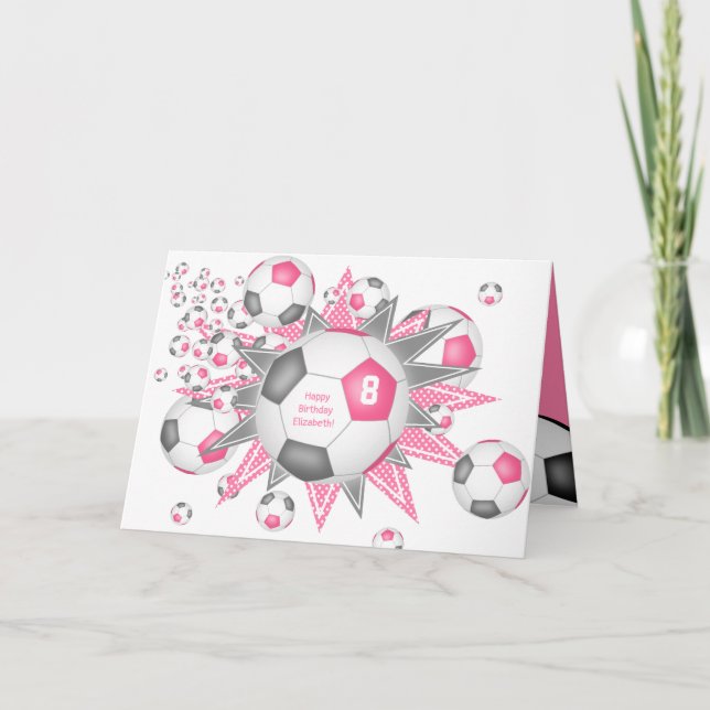 soccer ball blowout girls pink grey birthday card (Front)